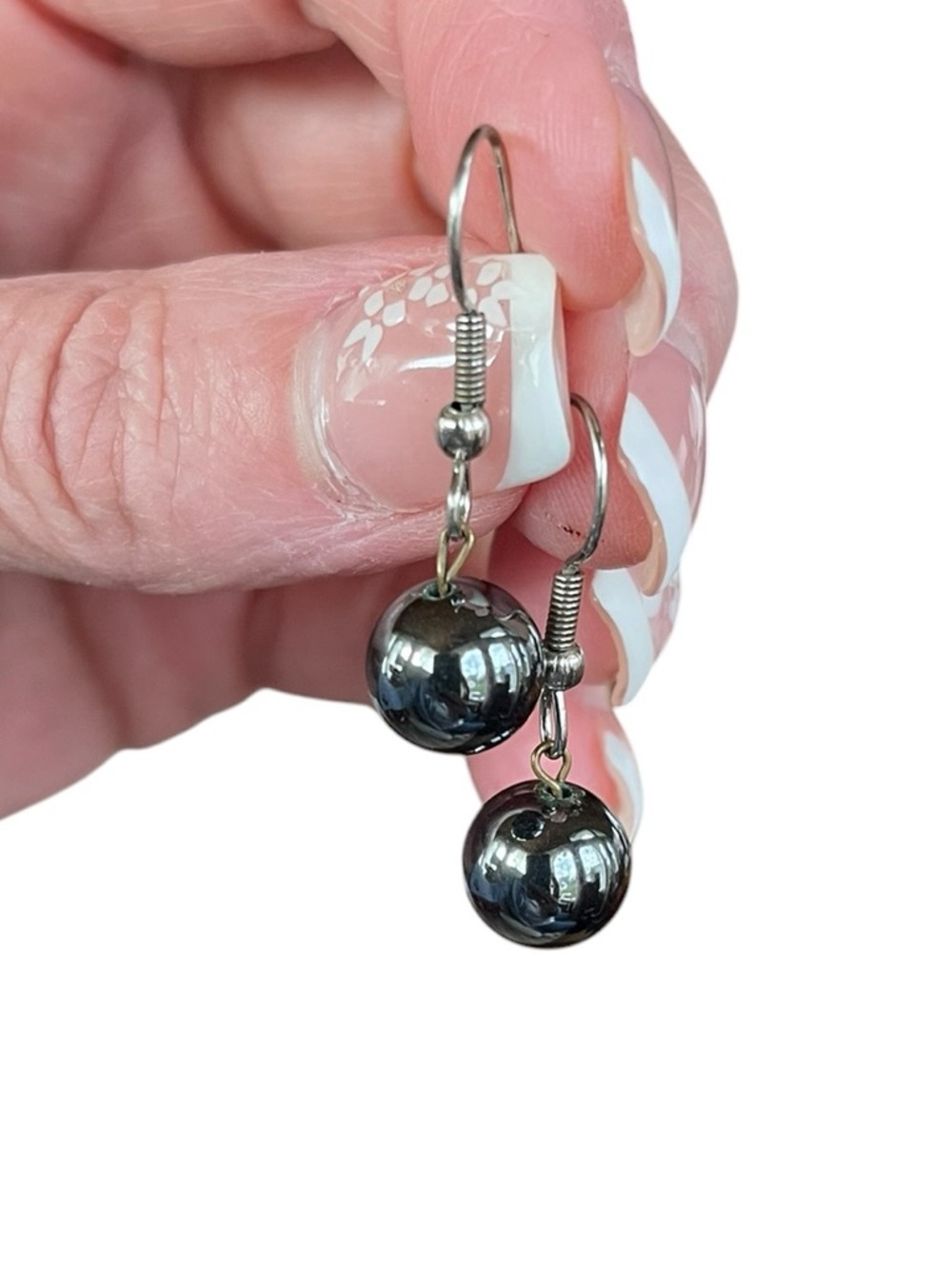 Hematite Ball Drop Earrings Silver Tone Minimalist Dangle